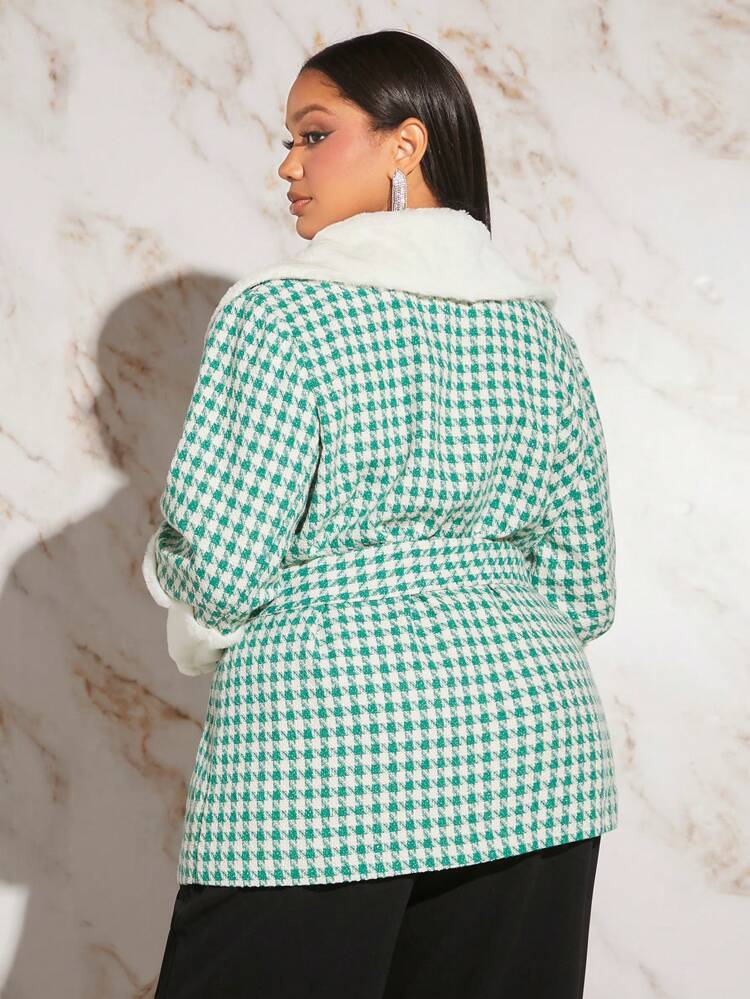 Plus Houndstooth Print Belted Overcoat