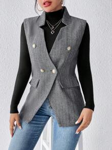SHEIN Frenchy Women's Elegant Sleeveless Asymmetric Hem Double-Breasted Overcoat Winter - Dark Grey - View 1