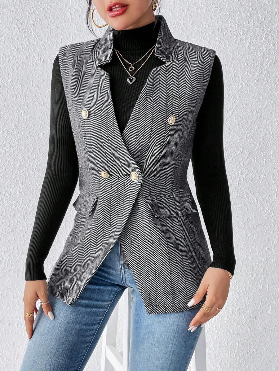SHEIN Frenchy Women's Elegant Sleeveless Asymmetric Hem Double-Breasted Overcoat Winter - Dark Grey - View 1