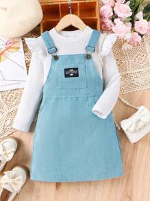 SHEIN Young Girl Ruffle Trim Tee & Letter Patched Overall Dress - White - View 1