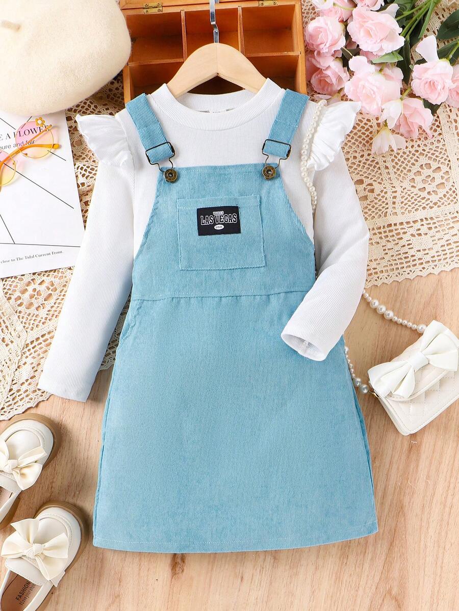 SHEIN Young Girl Ruffle Trim Tee & Letter Patched Overall Dress - White - View 1