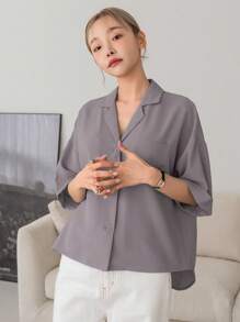 DAZY Camisa unicolor con bolsillo delantero de hombros caídos - Púrpura polvoriento - Ver 4