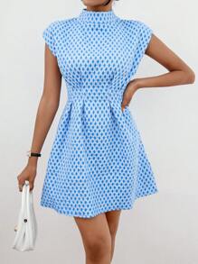 SHEIN Privé 小高領拼接細節連衣裙 - 藍色 - 查看 3