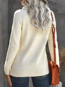 Plaid Pattern Button Detail Turtleneck Asymmetrical Hem Sweater