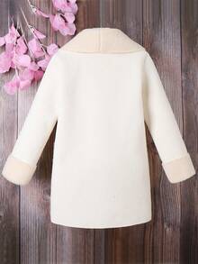 SHEIN 女大童1入組雙口袋開門襟毛絨內襯花呢外套 - 杏色 - 查看 2