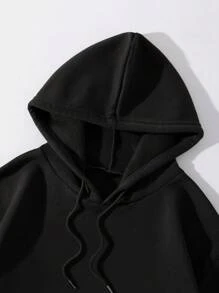 SHEIN Unity Letter & Expression Print Kangaroo Pocket Drawstring Thermal Hoodie,Long Sleeve Tops - Black - View 4