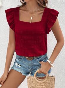 SHEIN VCAY Summer Beach Olid Pleated Fabric Square Neck Ruffle Trim Red Blouse - Burgundy - View 4
