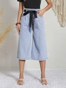 SHEIN LUNE High Waist Belted Wide Leg Jeans - Light Wash - View 4