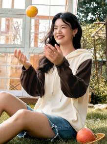 DAZY Áo hoodie dây rút hở vai phối màu, quần áo mùa thu - Nhiều màu - Xem 5