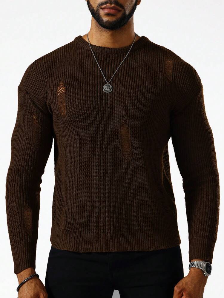 Manfinity LEGND 男款實心撕破滴肩毛衣 - 咖啡棕 - 查看 4