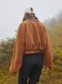 In My Nature 素色拉鏈開襟短款毛絨夾克 - 咖啡棕 - 查看 2