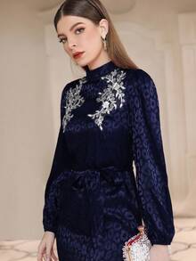 豹紋提花貼花腰帶魚尾裙下擺洋裝 - 藍色 - 查看 4