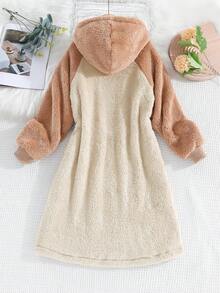SHEIN Cô gái Tween Hai âm Tay Raglan áo có mũ Teddy Đầm có mũ - Màu be - Xem 2