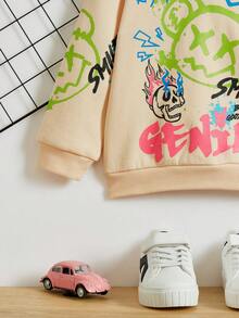 SHEIN 小男孩卡通字母图案卫衣 - 卡其色 - 查看 3