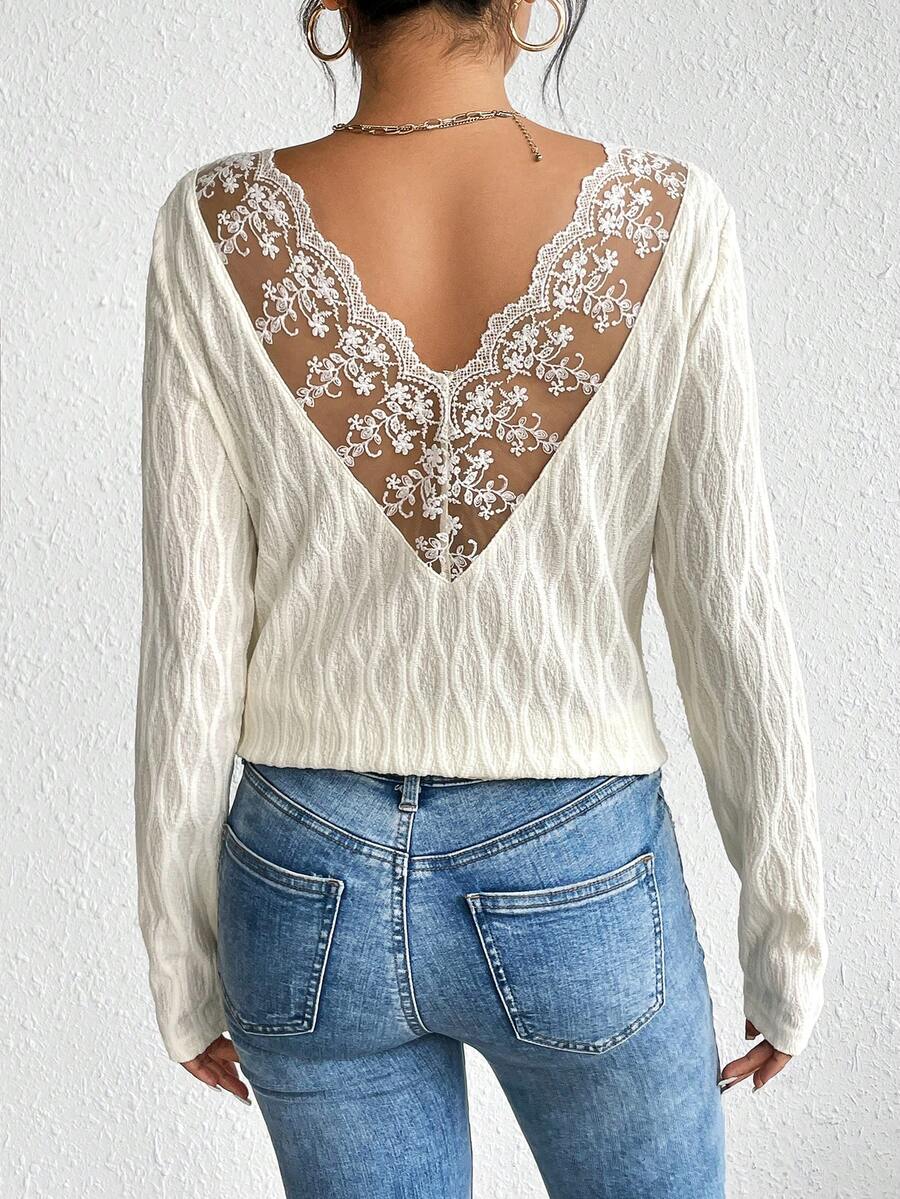 SHEIN Frenchy Contrast Lace V Neck Drop Shoulder Blouse - Apricot - View 1