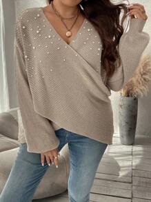 SHEIN Clasi Plus Pearls Beaded Crossover Drop Shoulder Sweater, For Winter - Khaki - View 5