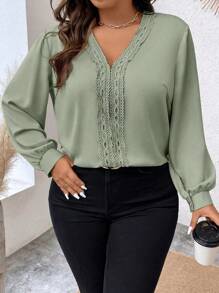 Celure Plus Guipure Lace Insert Lantern Sleeve Blouse - Green - View 6