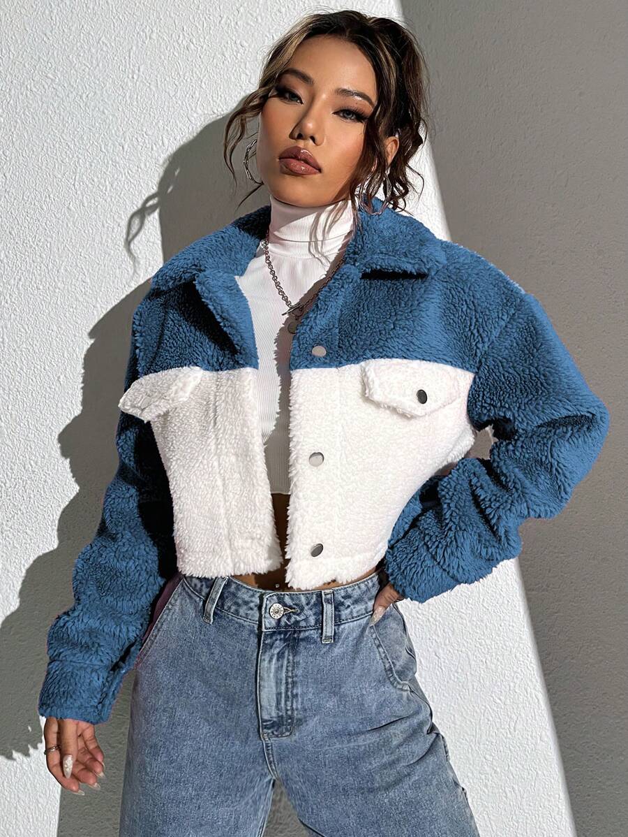 SHEIN Unity Hai âm Thả vai Mùa vụ Áo Teddy Jackets - Màu xanh lam - Xem 1