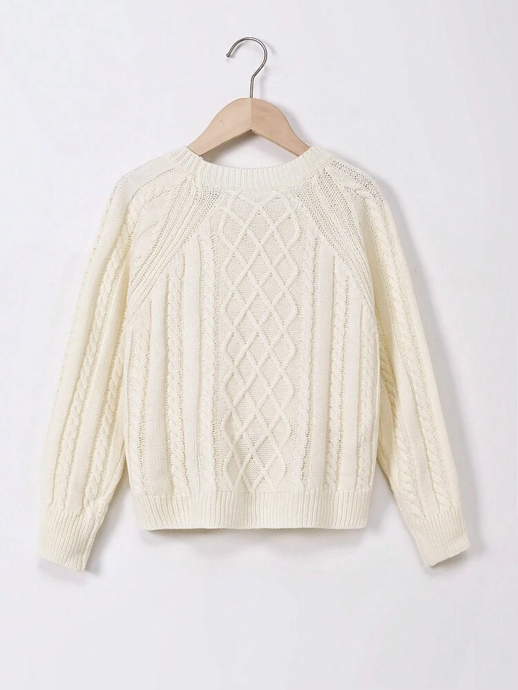 Tween Girl Button Detail Cable Knit Raglan Sleeve Sweater