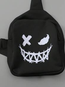 SHEIN Tween Boy Letter Patched Pullover & Expression Print Sweatpants & Bag - Black - View 6