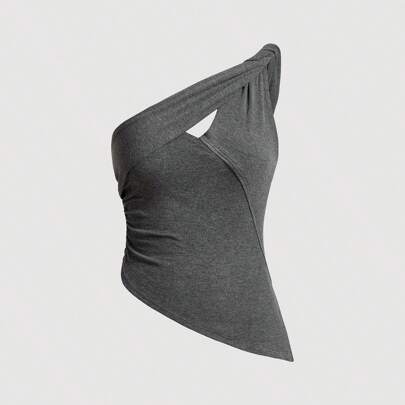 원 숄더 비대칭 아랫단 크롭 탑