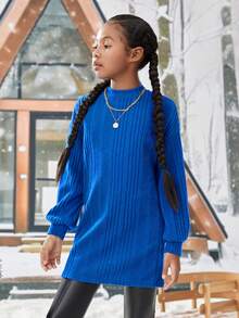 Tween Girl Drop Shoulder Ribbed Knit Tee Dress - Royal Blue - View 5