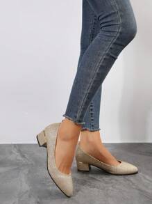 Women's High Heel Shoes, Fashion Pointed Toe Pleated Slip-On Mid Heel Pumps, Comfortable Versatile Black High Heels - Gold - View 2