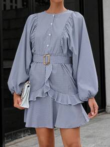 GENKIRA In sọc Tay áo lồng đèn Viền Ruffle Váy có thắt lưng - Xanh và trắng - Xem 1