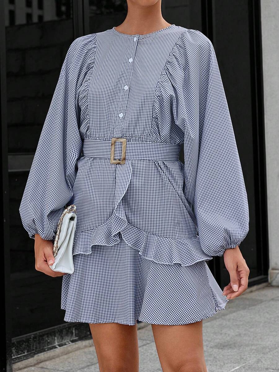 GENKIRA In sọc Tay áo lồng đèn Viền Ruffle Váy có thắt lưng - Xanh và trắng - Xem 1