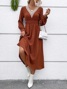 SHEIN VCAY 圓點水溶蕾絲拼接燈籠袖洋裝 - 鏽棕色 - 查看 6