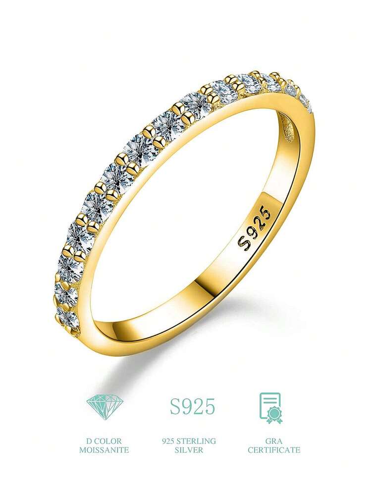 1pc Moissanite & Diamond Engagement Ring, S925 Sterling Silver Commitment Ring, Eternal Ring, Anniversary Ring, Luxury Jewelry Gift For Bride - Gold - View 1