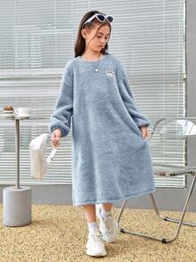 SHEIN Cô gái Tween Thư được vá Thả vai Teddy Đầm - Màu xanh lam - Xem 1