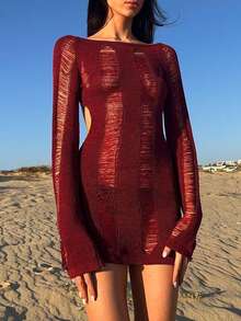 素色開口針法緊身毛衣洋裝不附帶內衣褲套裝 - 酒紅色 - 查看 4