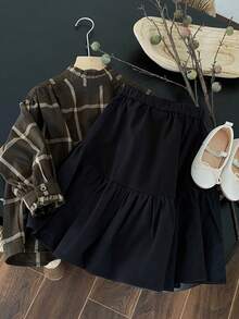 Young Girl Plaid Mock Neck Blouse & Skirt - Coffee Brown - View 3