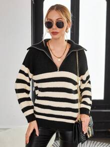 GENKIRA Jersey con patrón de rayas con cremallera media de hombros caídos - Blanco y Negro - Ver 6