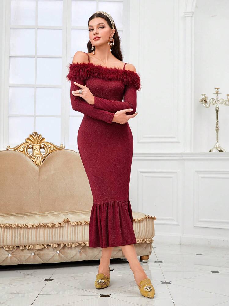 Burgundy Red Fuzzy Trim Cold Shoulder Mermaid Hem Glitter Dress