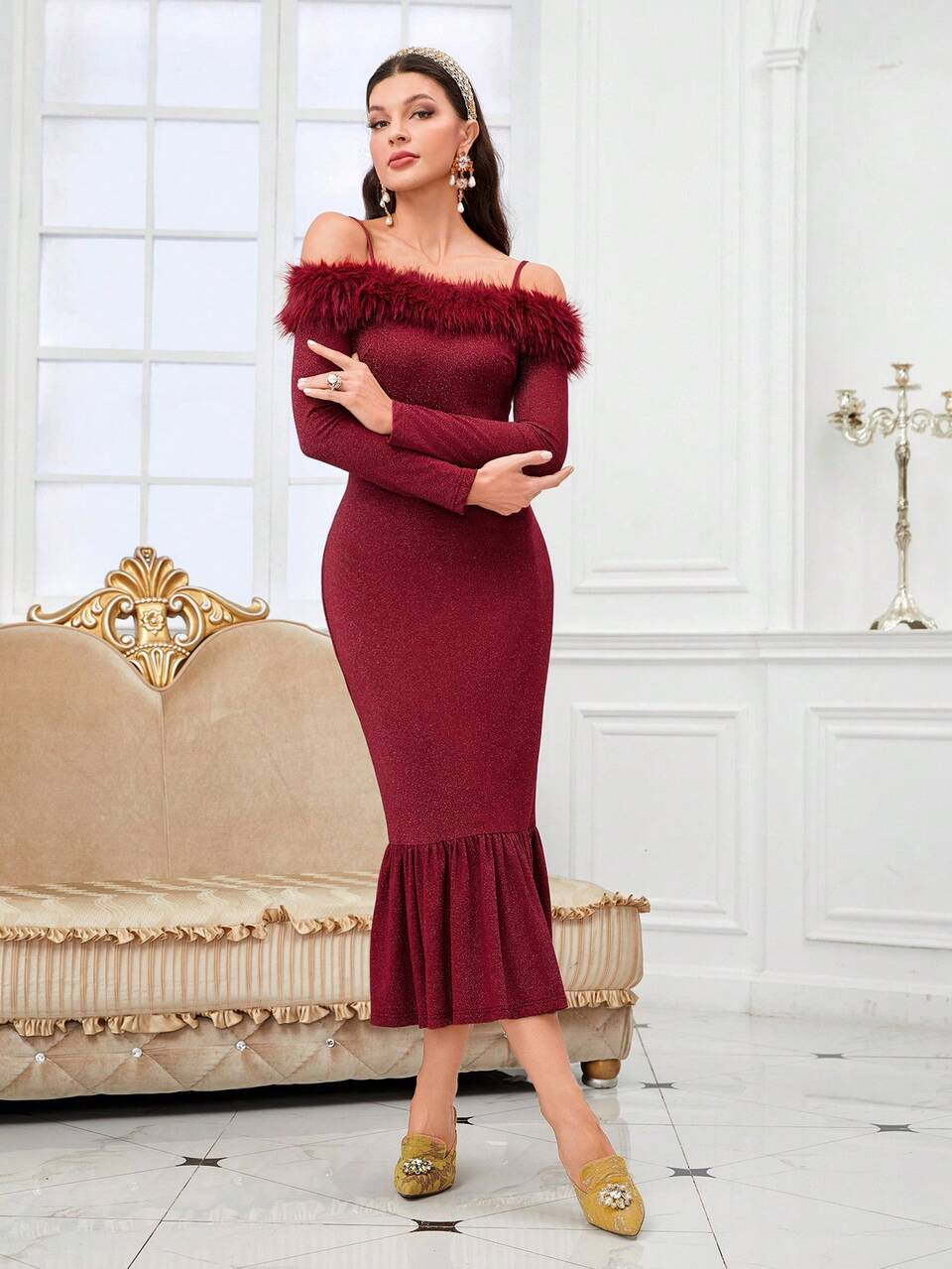 Burgundy Red Fuzzy Trim Cold Shoulder Mermaid Hem Glitter Dress