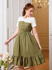 SHEIN Chica adolescente Vestido de dos tonos bajo con fruncido - Verde militar - Ver 3