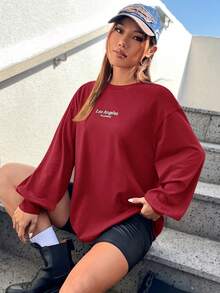 SHEIN EZwear 字母圖案落肩T恤 - 酒紅色 - 查看 5