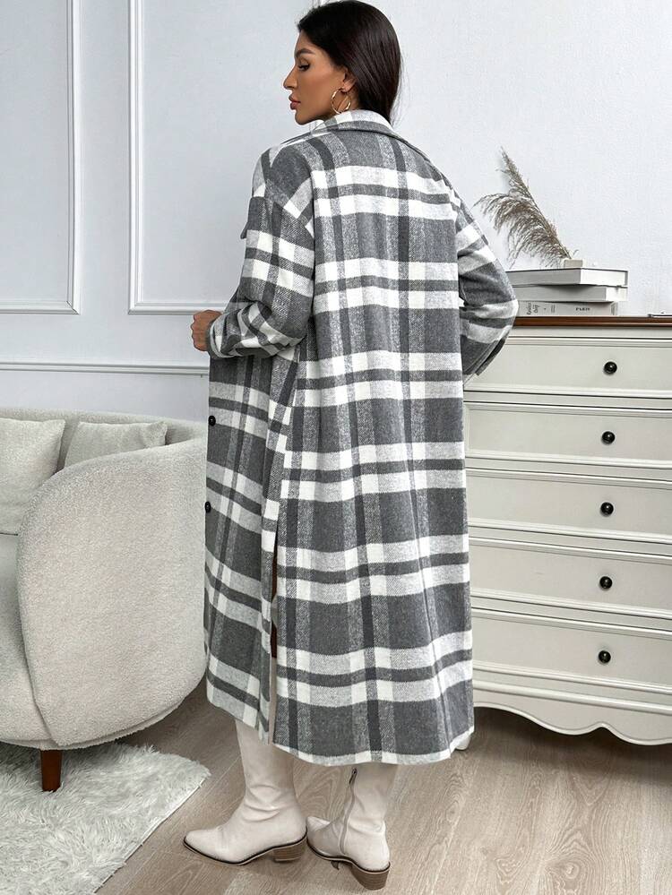Plaid Print Drop Shoulder Flap Pocket Longline Overcoat