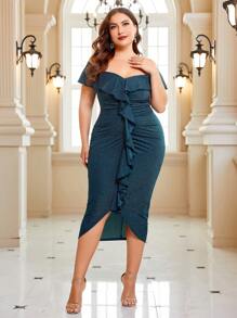 SHEIN Belle Talla grande Vestido brillante de hombros descubiertos ribete con fruncido fruncido - Verde Oscuro - Ver 5
