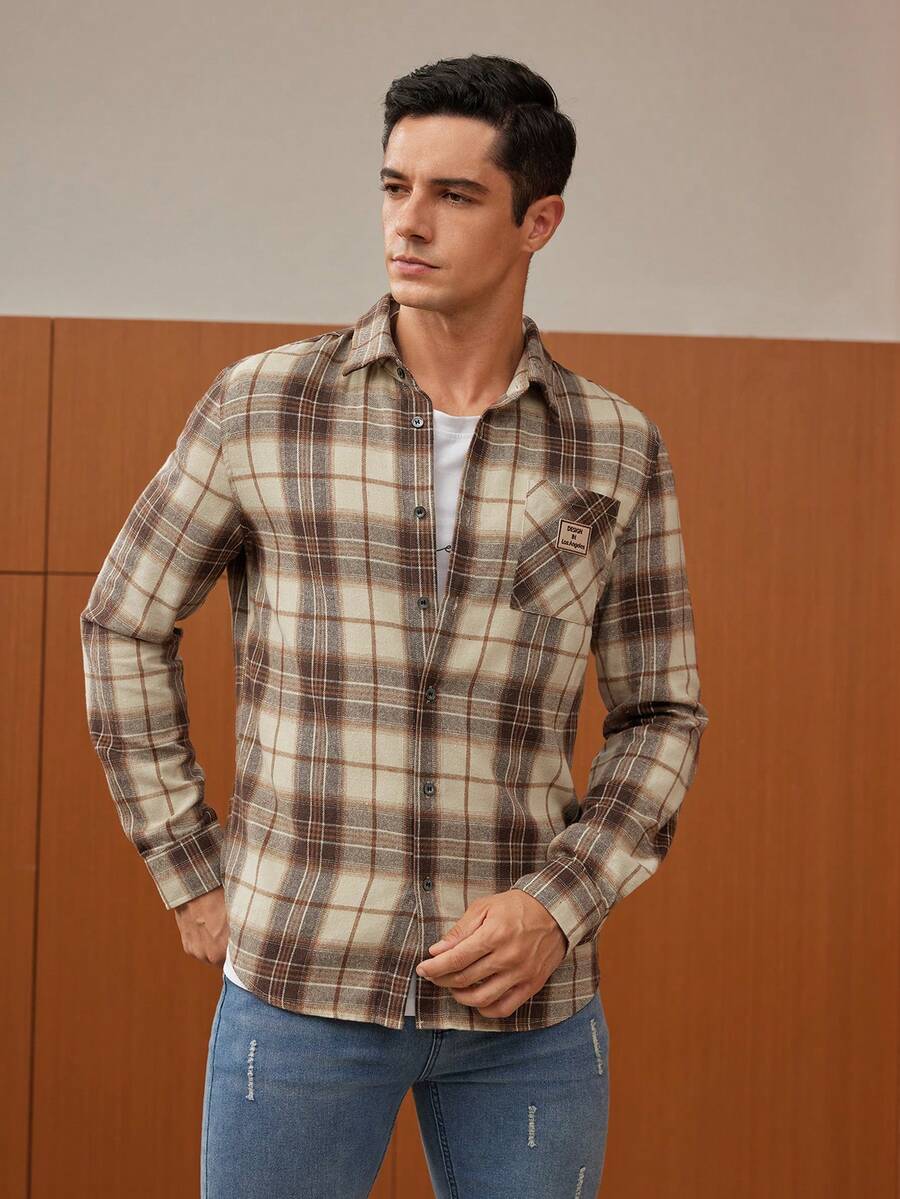 GENTILAND Nam In kẻ sọc Vá Túi Áo sơ mi - Nhiều màu - Xem 1