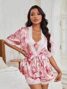 印花蕾絲拼接吊帶背心和短褲&睡袍睡衣套裝 - 彩色 - 查看 5