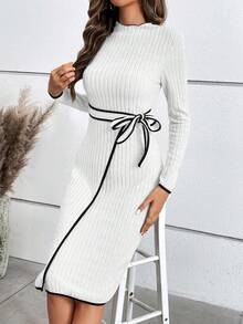 SHEIN Privé Contrast Binding Belted Bodycon Dress - White - View 3