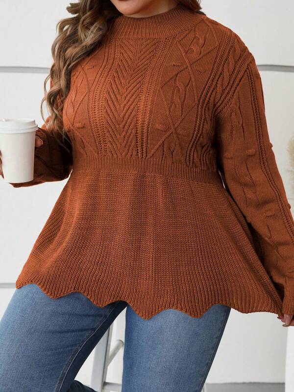 SHEIN CURVE+ Plus Scallop Trim Peplum Sweater, For Winter Knit Pullover Fall Outfit