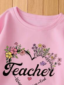 SHEIN EZwear Đồ họa hoa & chữ Lót nhiệt Áo nỉ - Hồng - Xem 3