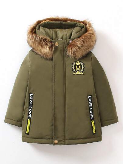 Young Boy 1pc Patched Detail Fuzzy Trim Hooded Padded Coat