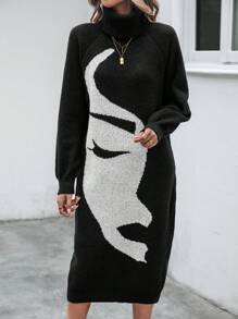 EMERY ROSE Figure Graphic Turtleneck Lantern Sleeve Sweater Dress Fall Winter Cloth For Women - Black - View 3