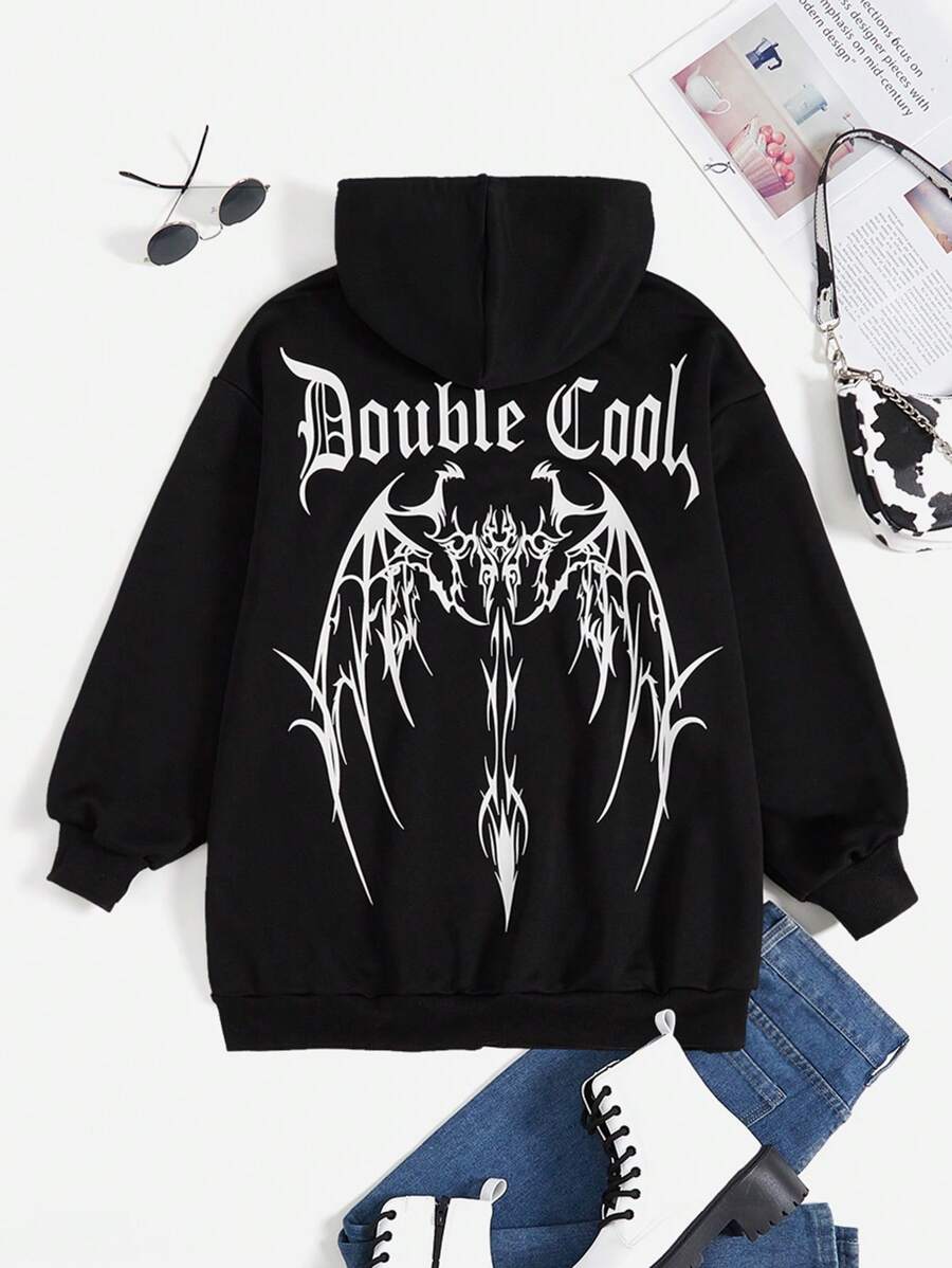 SHEIN Coolane Letter Graphic Drop Shoulder Hoodie - Black - View 1