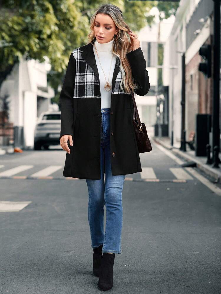 Plaid Panel Slant Pocket Overcoat